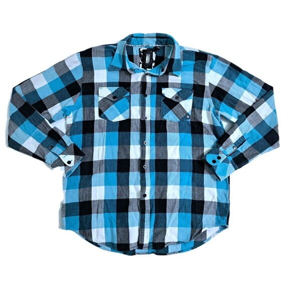 Ocean Current Mens Medium Flannel Shirt Lumberjack Blue Black White Check Plaid - Picture 1 of 9